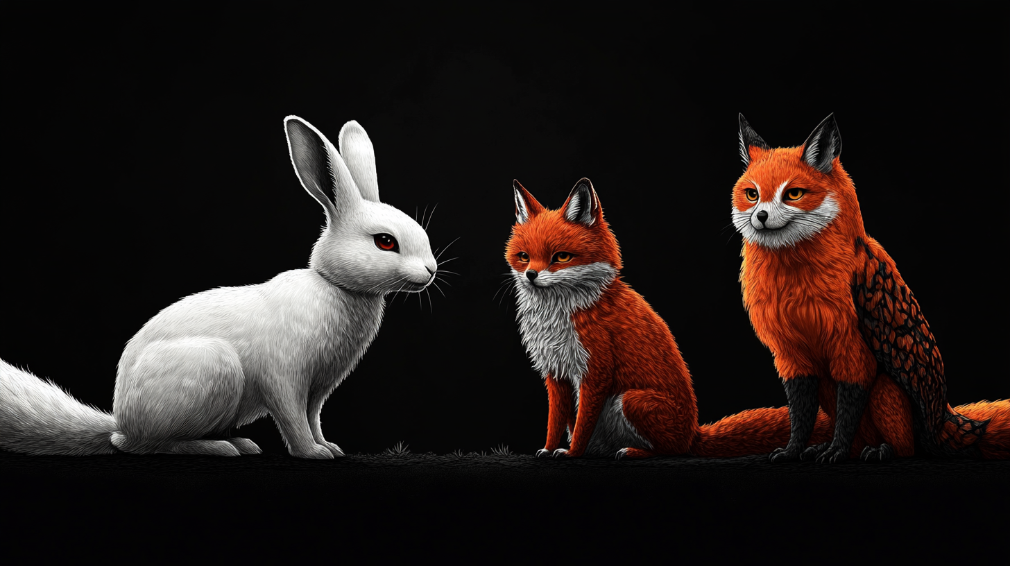 White rabbit, orange fox, and owl in black and white.