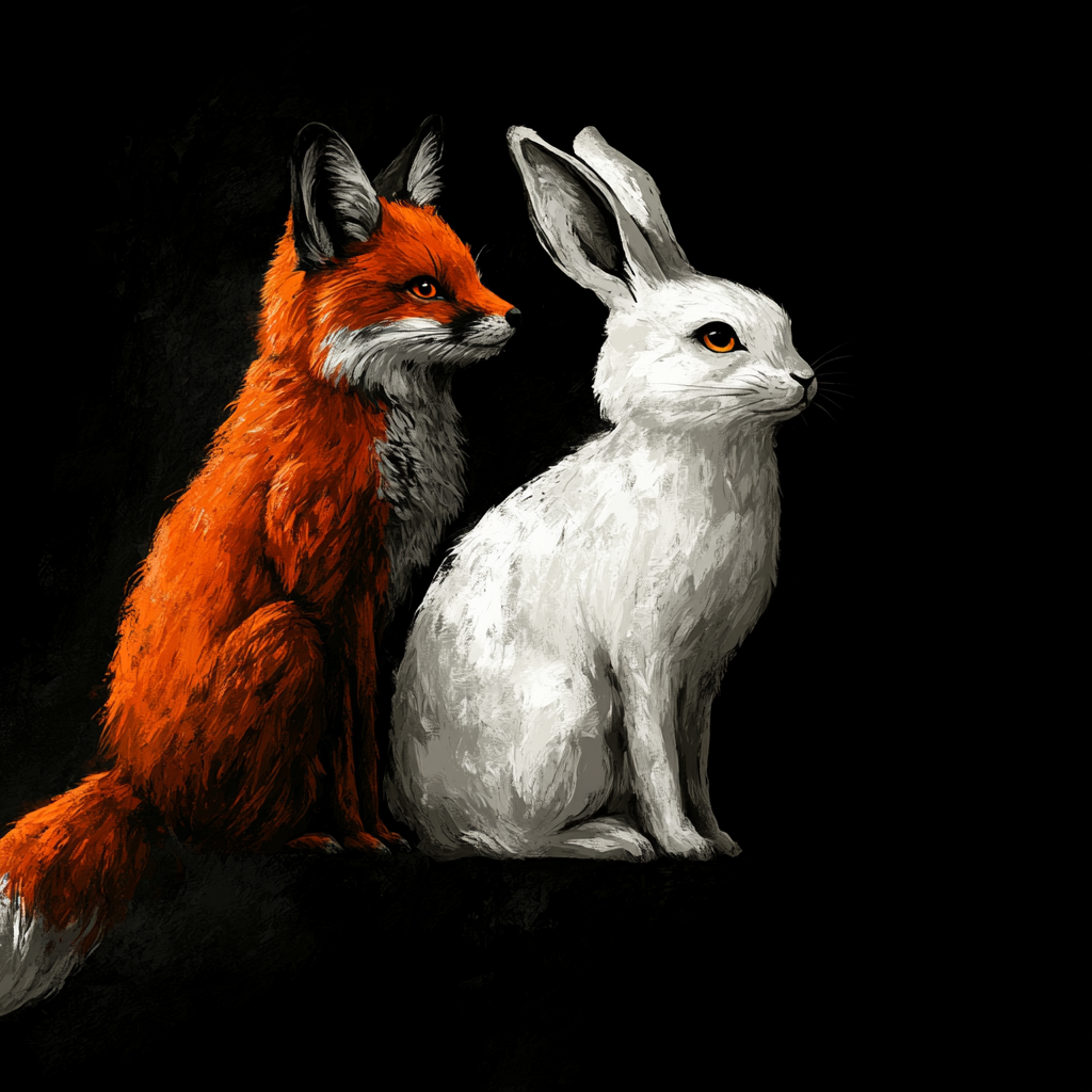 White rabbit, orange fox, owl in classic cartoon style.