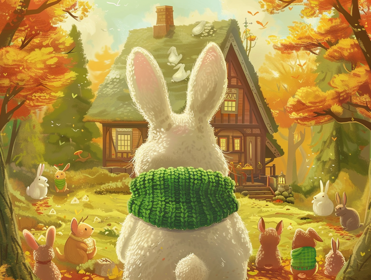 White rabbit in green scarf in forest with animals.