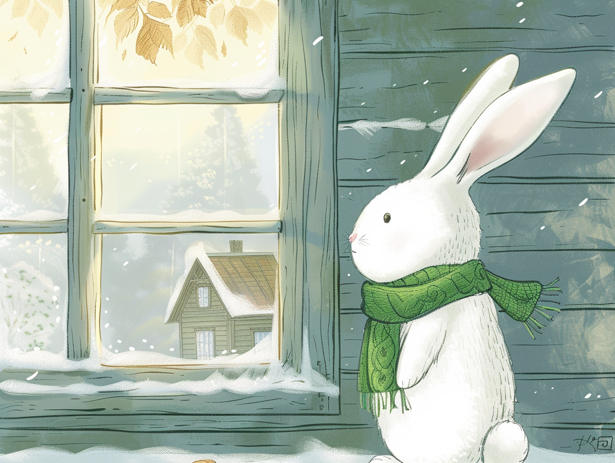 White rabbit in green scarf looking at new house.