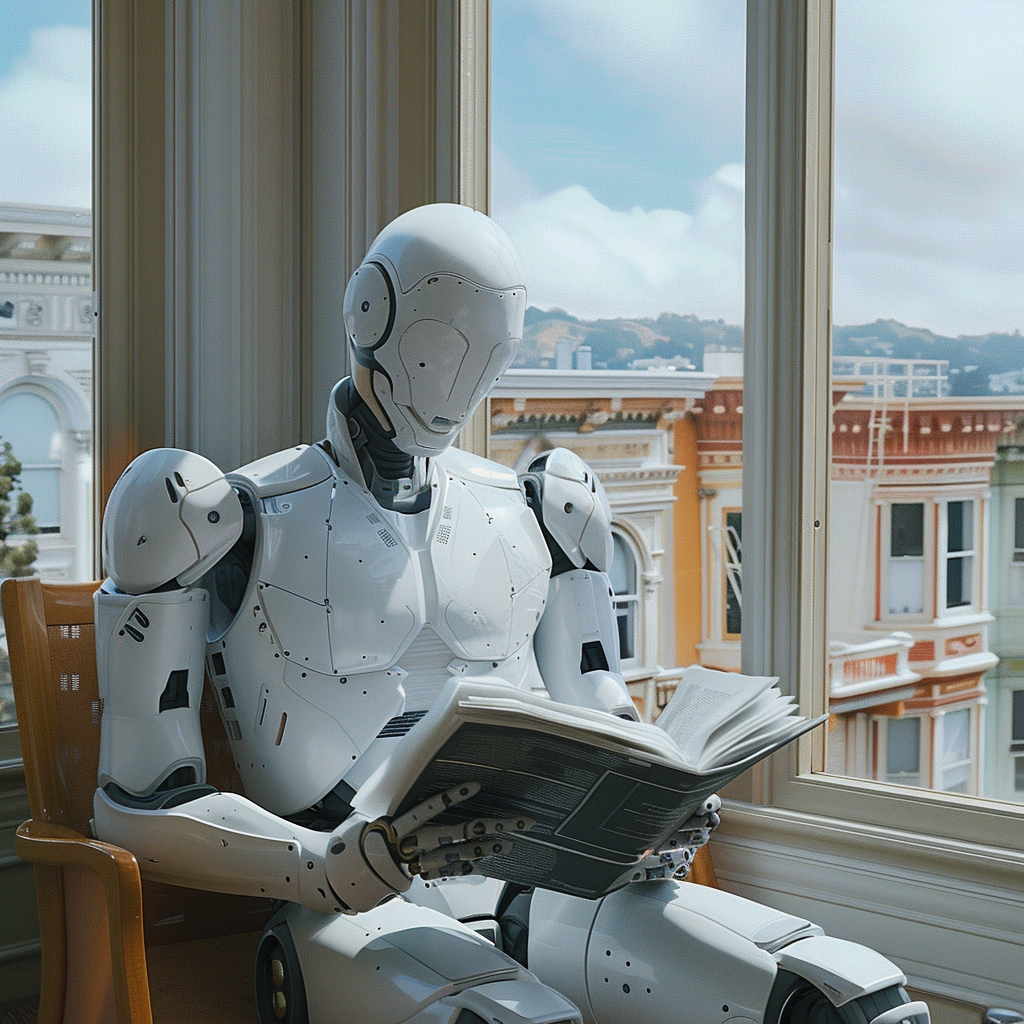 White robot reading papers in San Francisco home.