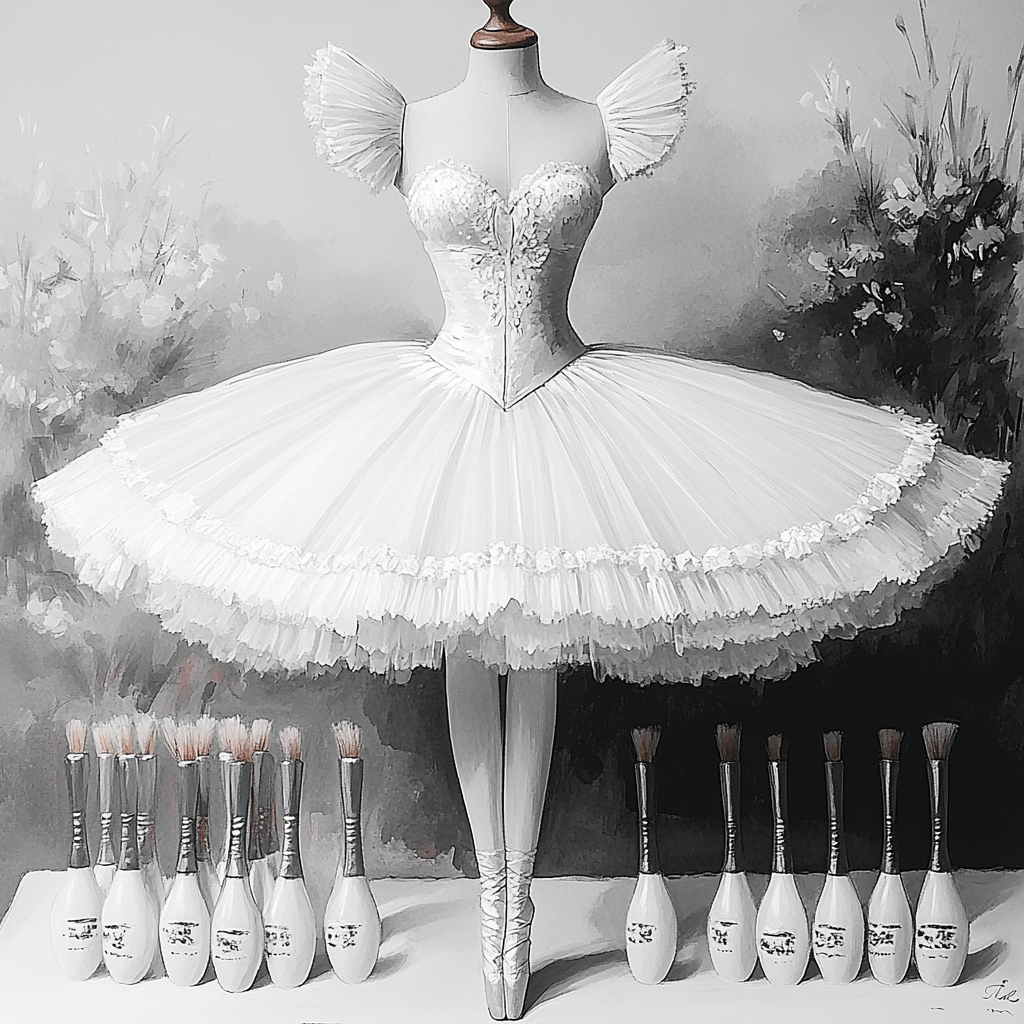 White romantic tutu for ballerinas in Swan Lake performance sketch