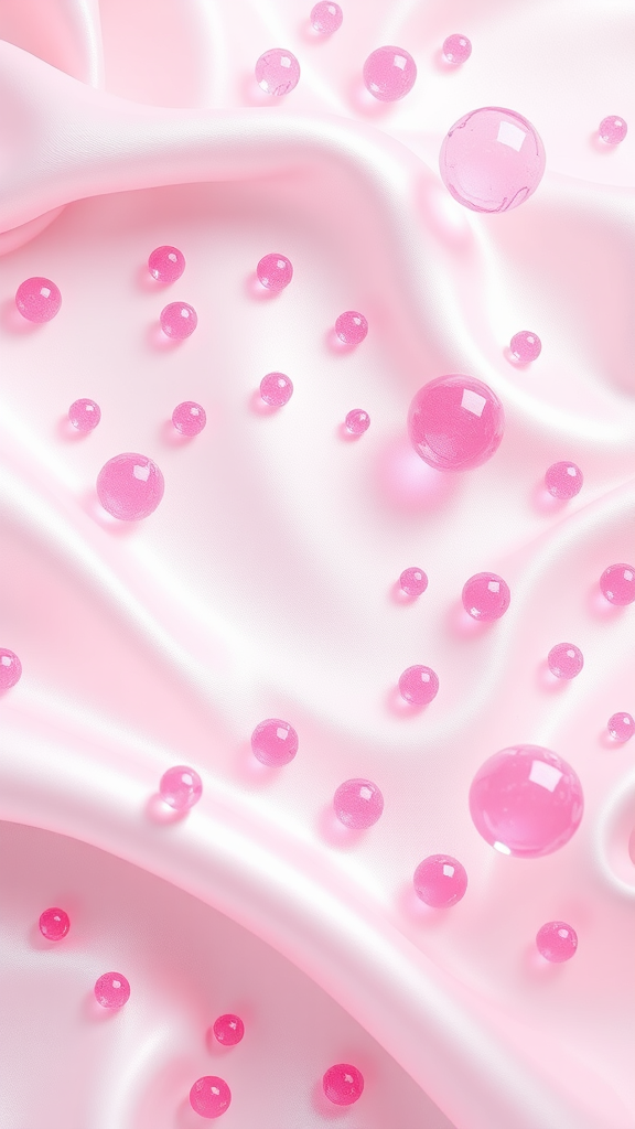 White satin background with pink floating molecules