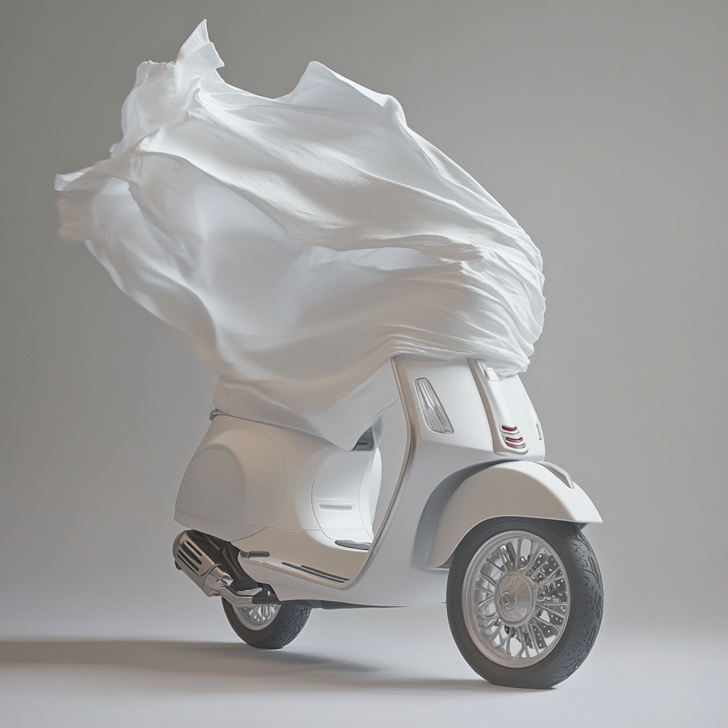 White sheet covers Vespa motorbike in windblown image