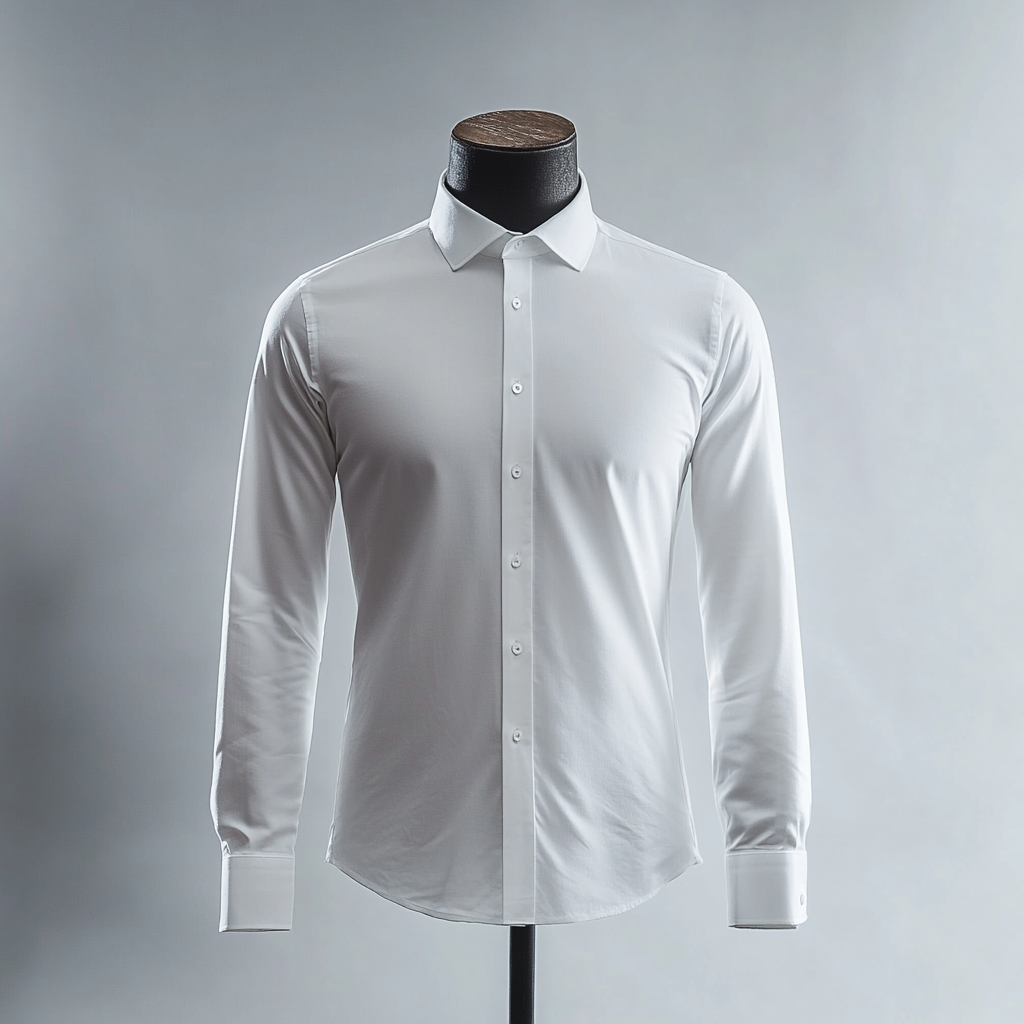 White shirt on mannequin in elegant setting, highlighted details.