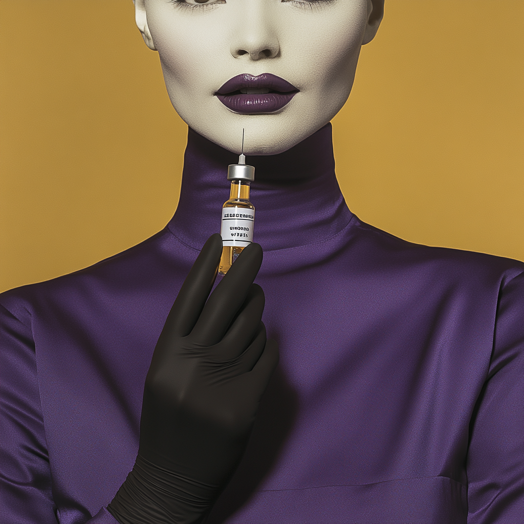 White skin nurse in dark purple scrub holding botox.