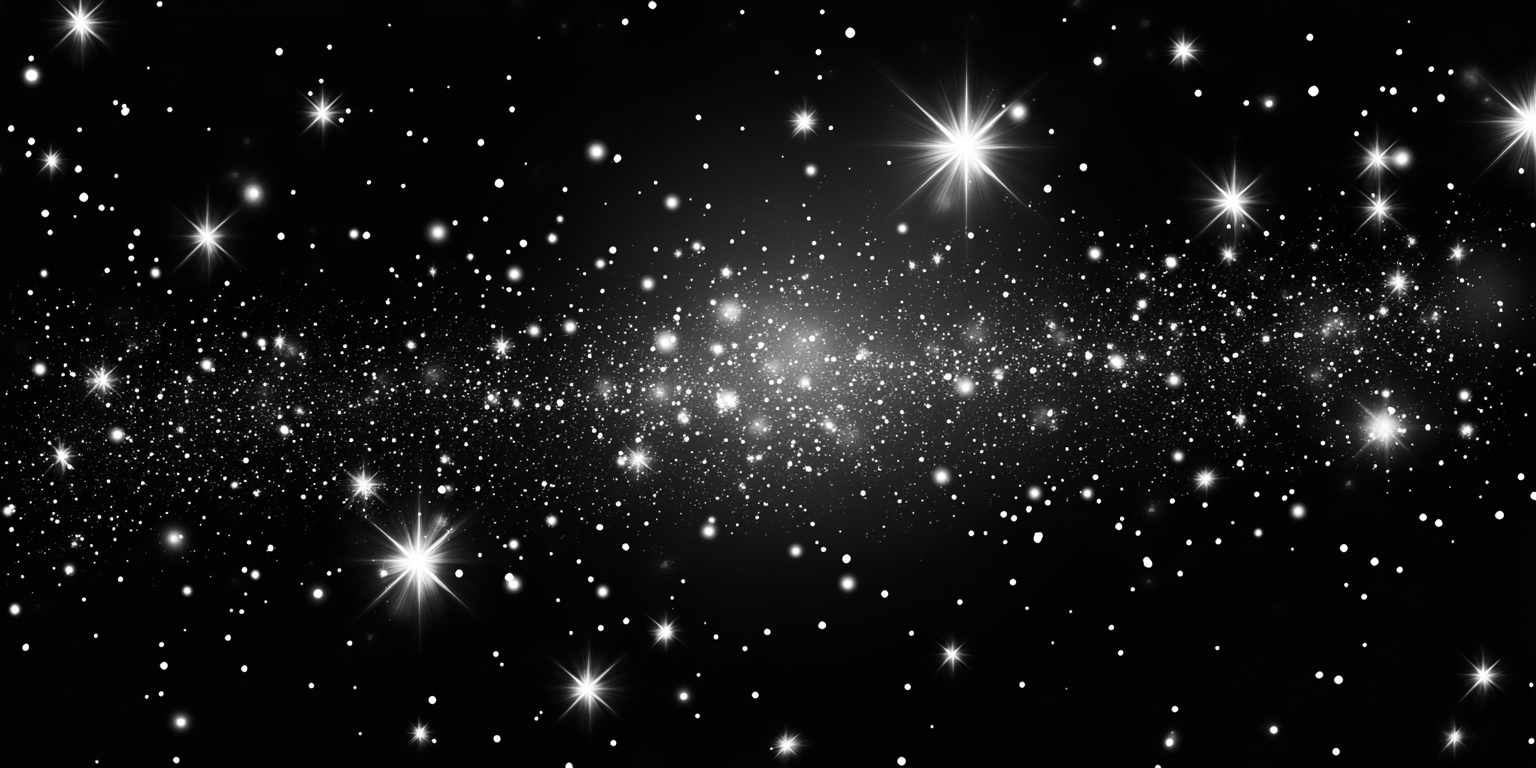 White sparkles, black background, minimalistic design, vector tracing.