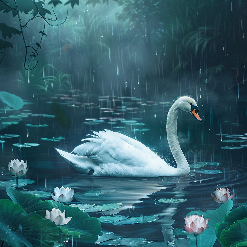 White swan in pool with lotus, calming anime style.