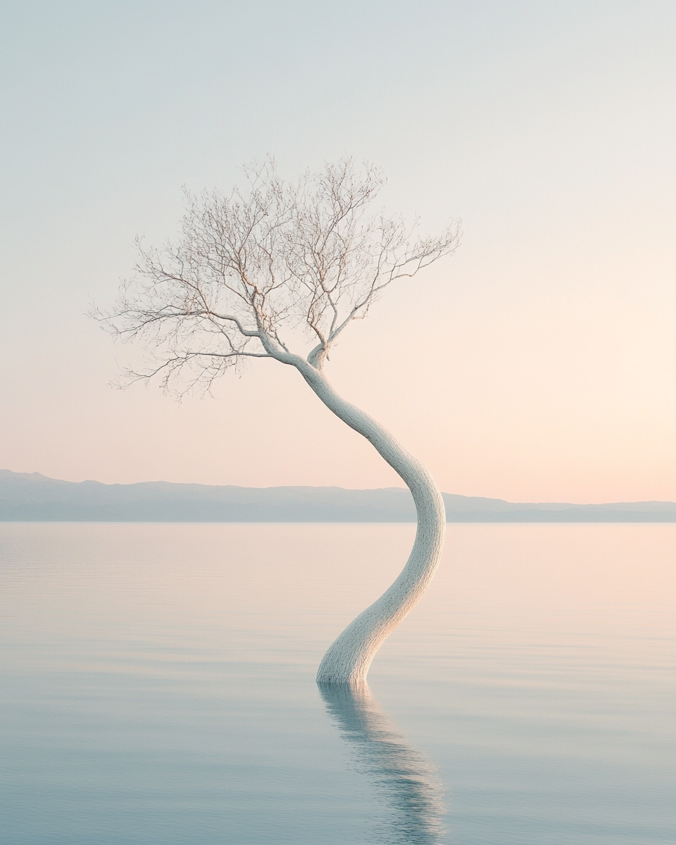 White tree in lake, peaceful sunset setting, elegant solitude.