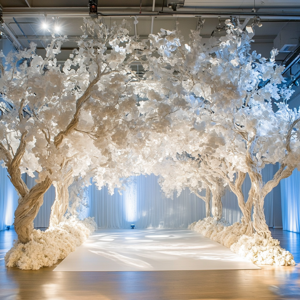 White tree trunks, vine-like leaves, floral arrangements, artificial flowers.