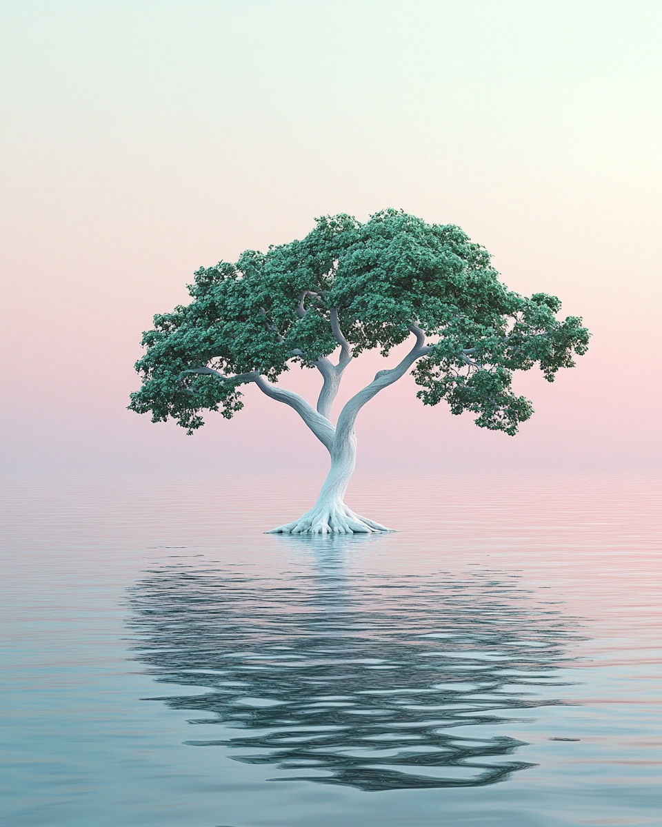 White trunk tree in serene lake at sunset.