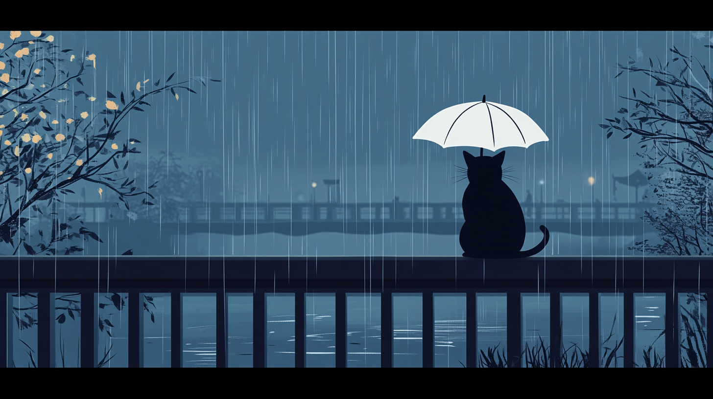 White umbrella, cat walking on bridge in rain.