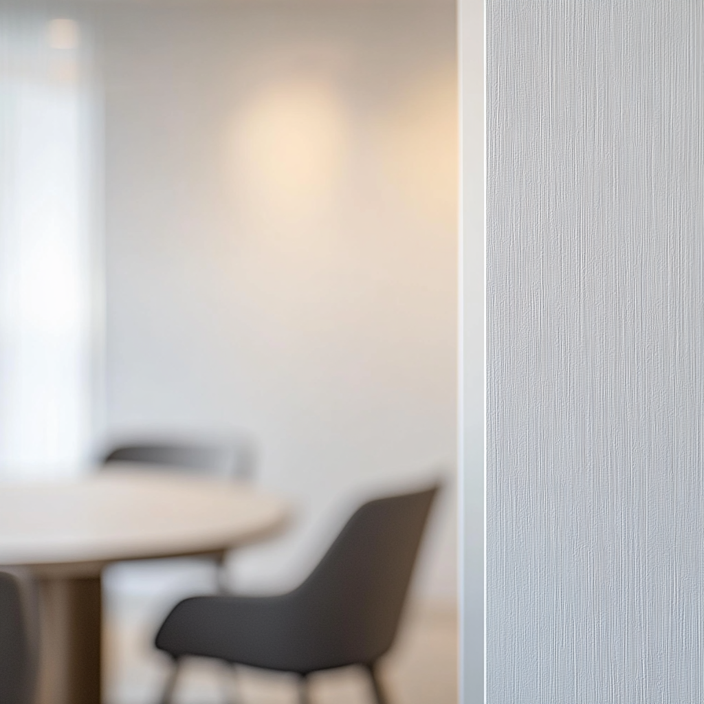 White wall in dining room with wallpaper space. Modern chair in background, barely visible. Bright neutral lighting.