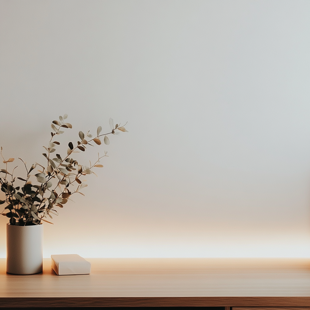 White wall with cozy lighting, hint of wooden desk.