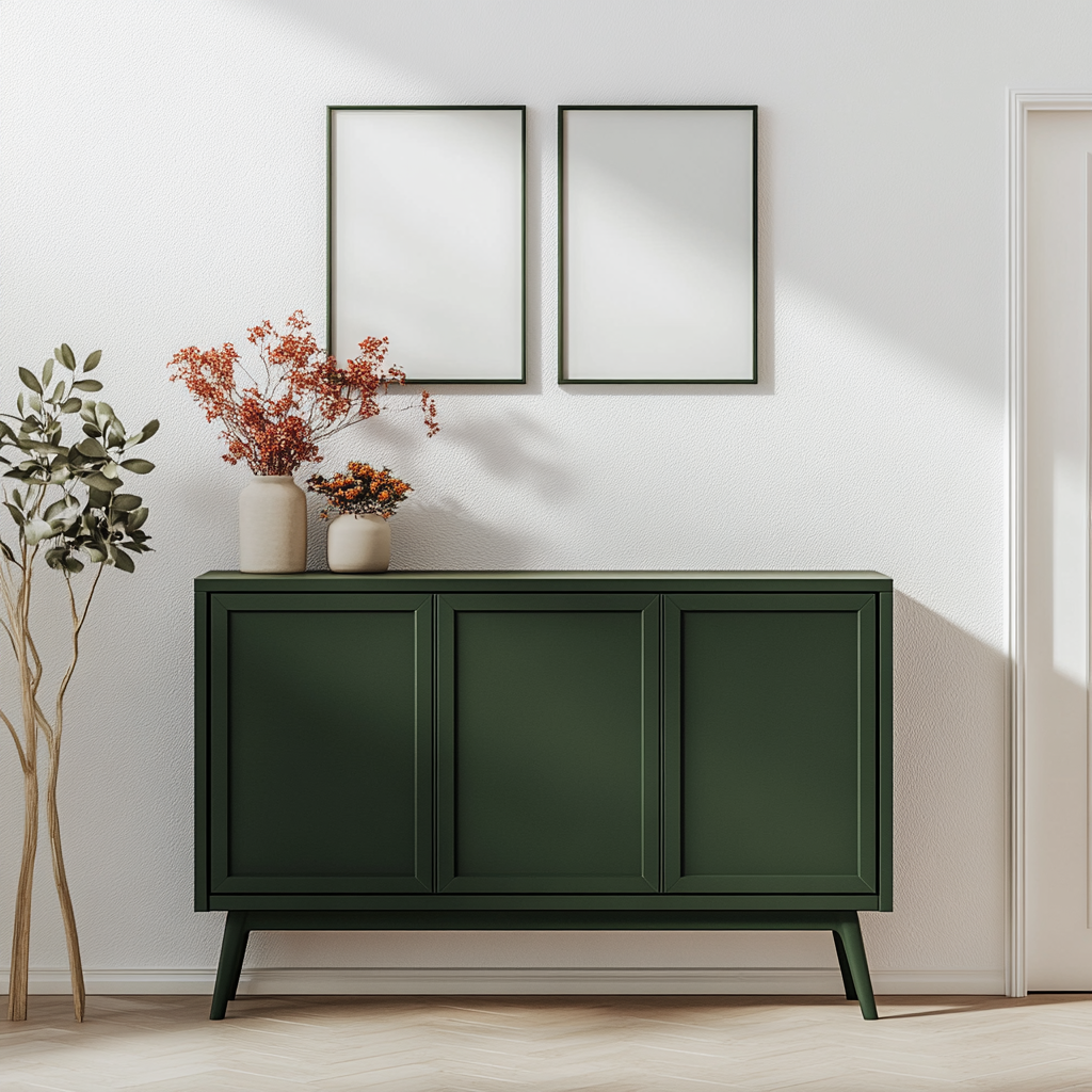 White wall with green cabinet, flower decor, empty frames.