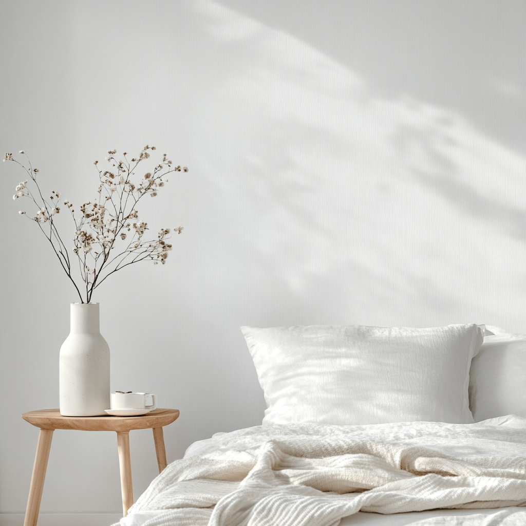 White wallpaper dominates scene with serene minimalist design.