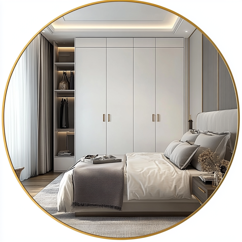 White wardrobe image in modern bedroom with gold frame.