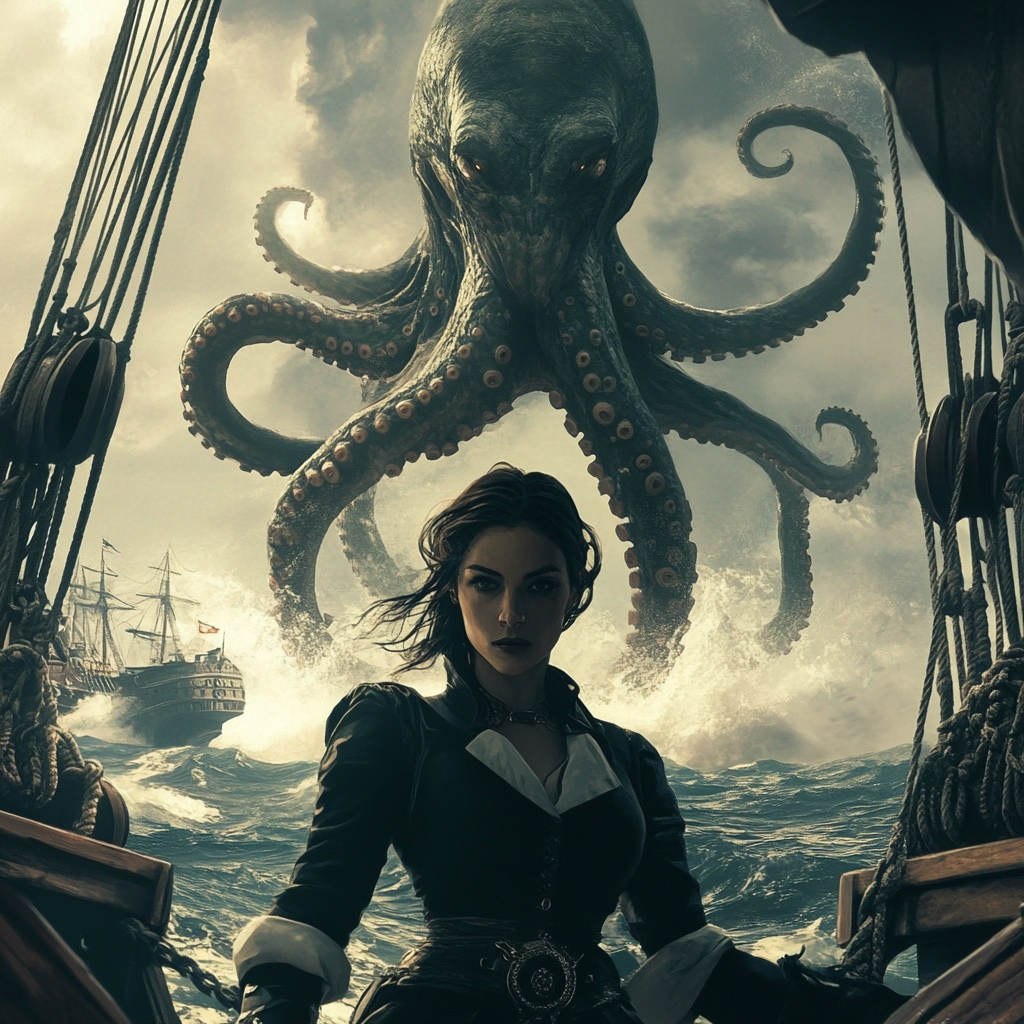 White woman in captain's hat on ship deck with tentacle.