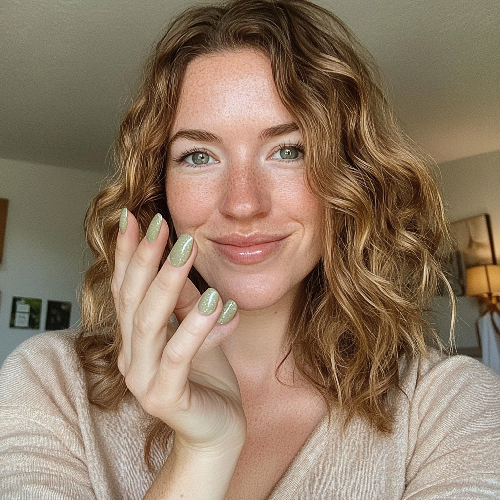 White woman smiles in closeup selfie showing nails.