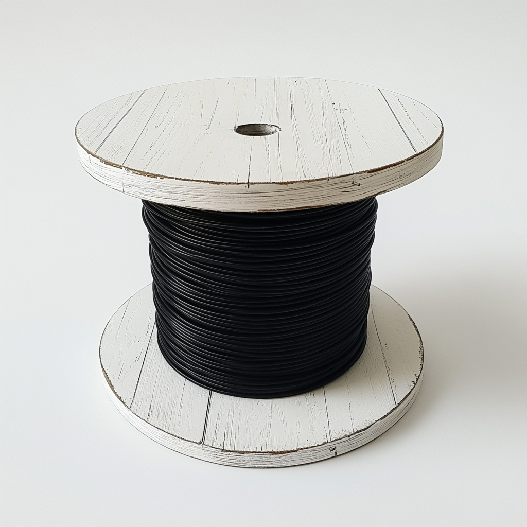 White wooden cable spool wrapped in black cable.