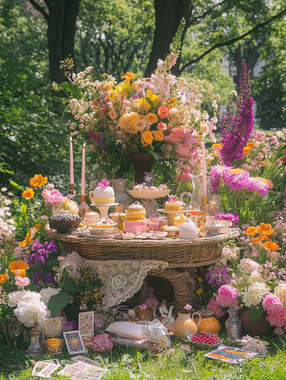 Wicker altar with flowers in city park, sea shells.