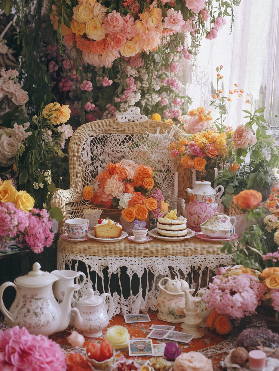 Wicker altar with spring flowers, sea shells and tea party vibe.