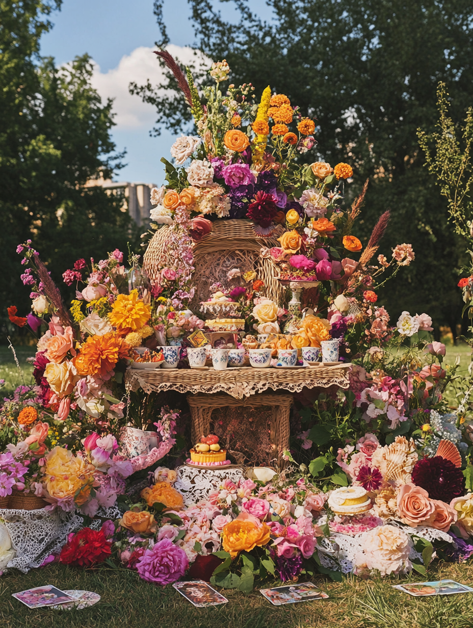 Wicker altar with spring flowers, shells, teapots, candles.