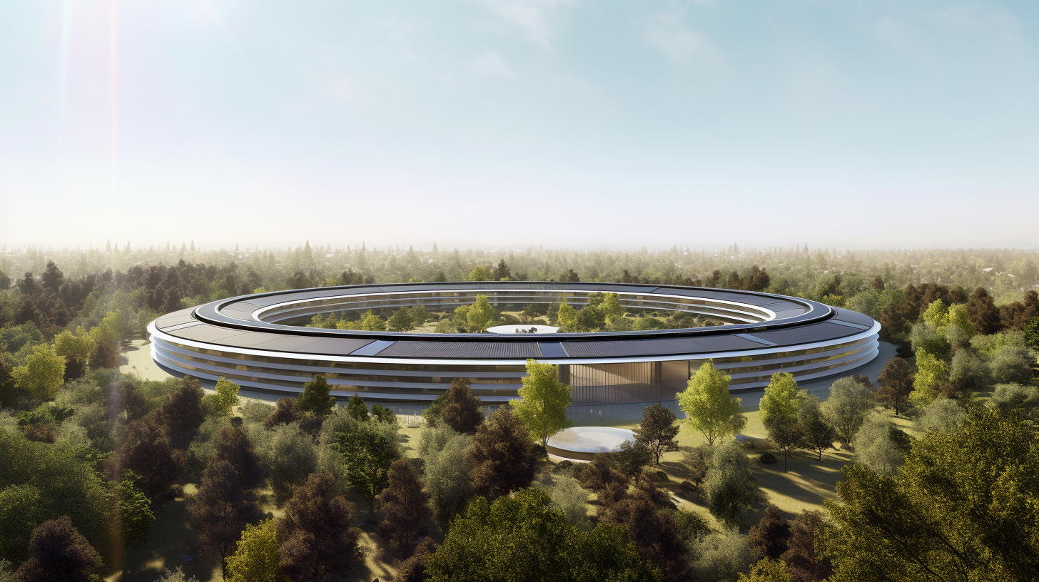 Wide-angle photo of Apple Park headquarters in Silicon Valley.