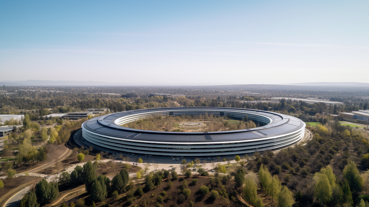 Wide-angle photo of Apple Park in Silicon Valley.