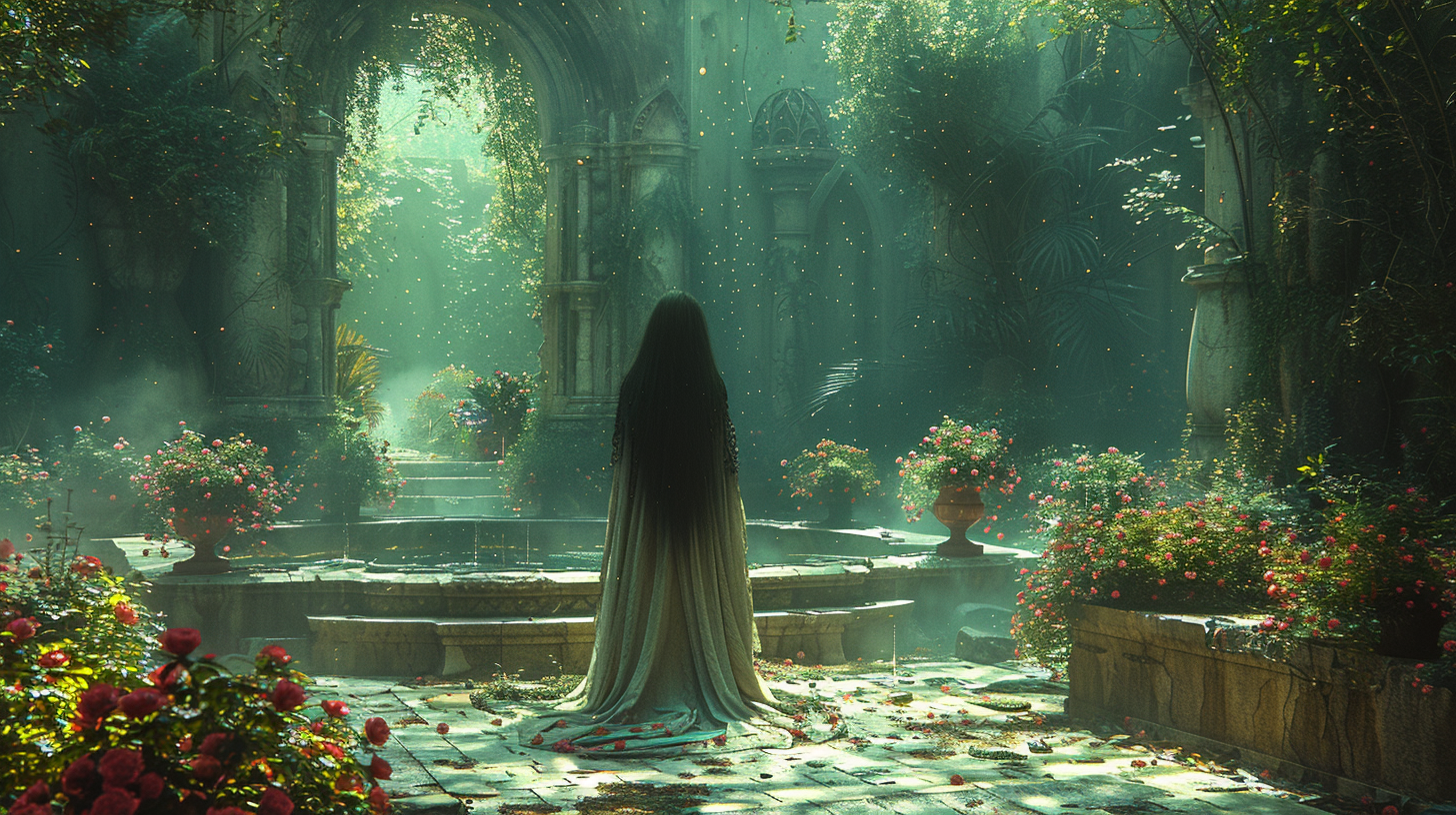 Wide shot archfey deity inside old fey garden.