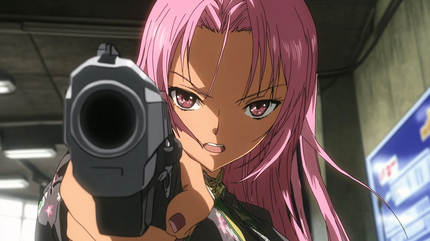 Wide shot beautiful Asian girl, pink hair, highlights, gun, anime style, fully visible.