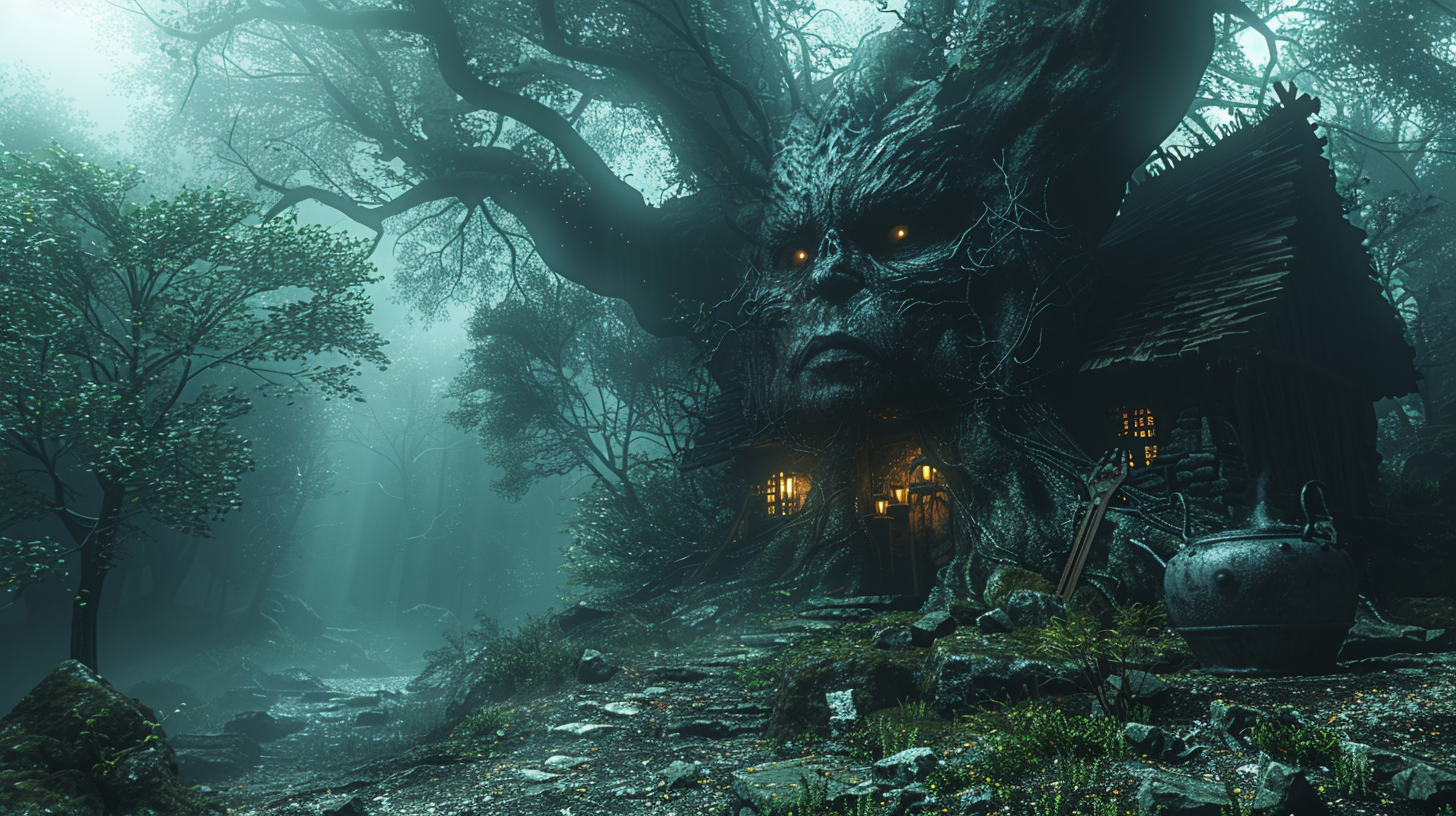 Wide shot of a terrifying hag in forest hut.