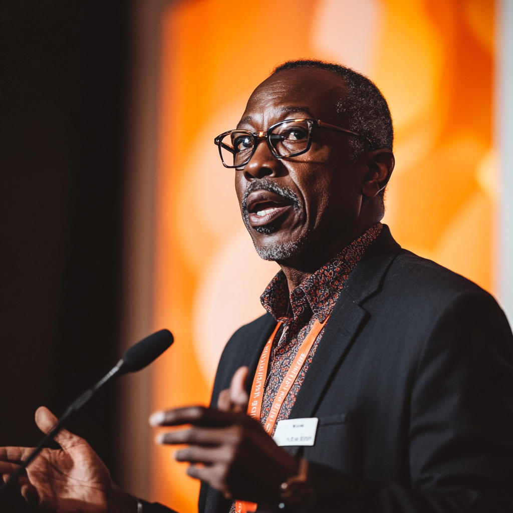 Wide shot of middle aged black man speaking.