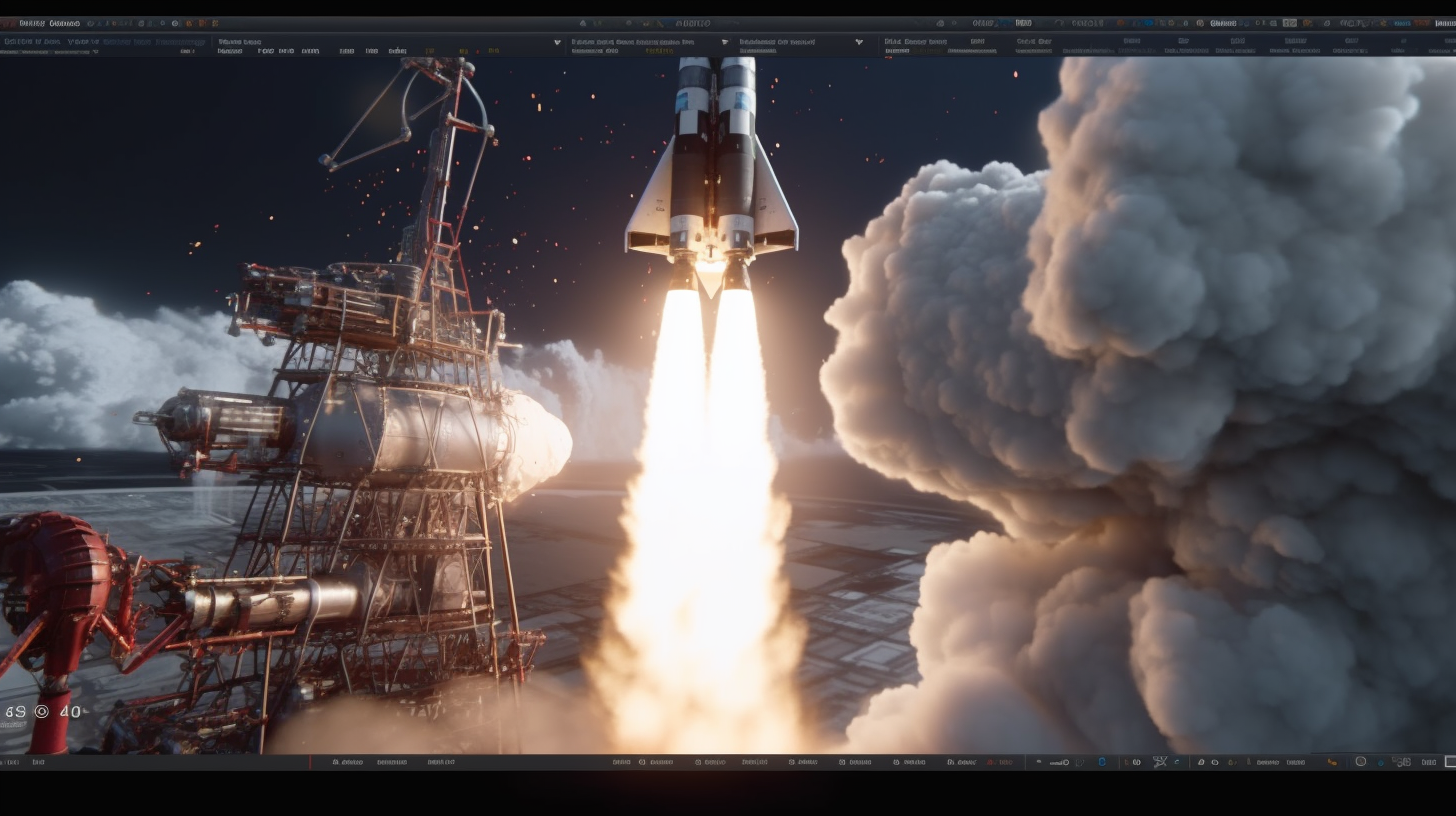 Wideshot of rocket launching, detailed features, global illumination.