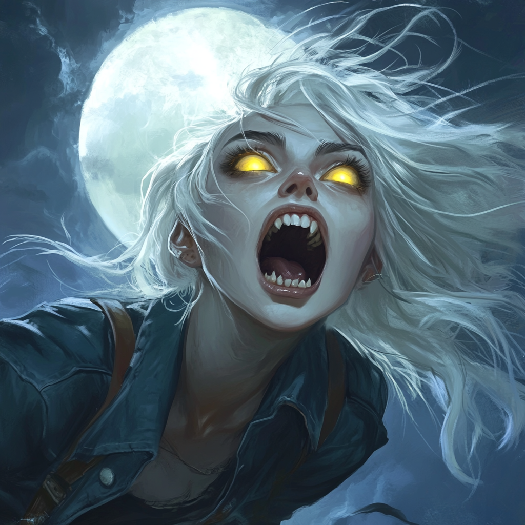 Wild-haired girl with sharp teeth under moonlight