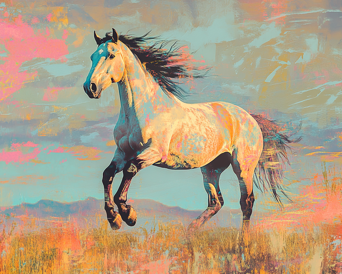 Wild horse runs on grassy hill with flowing mane.