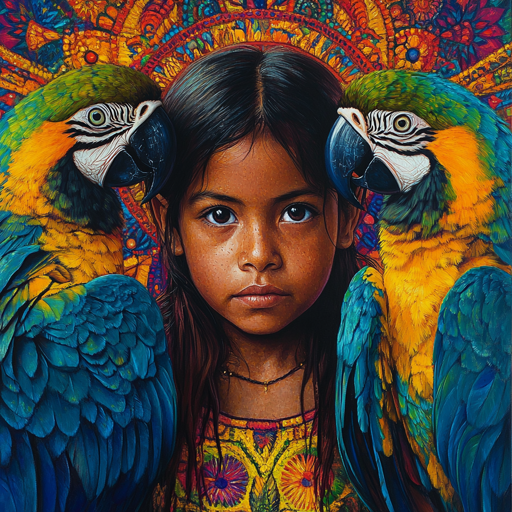 Wild indigenous child, macaws and mandalas in oil painting.