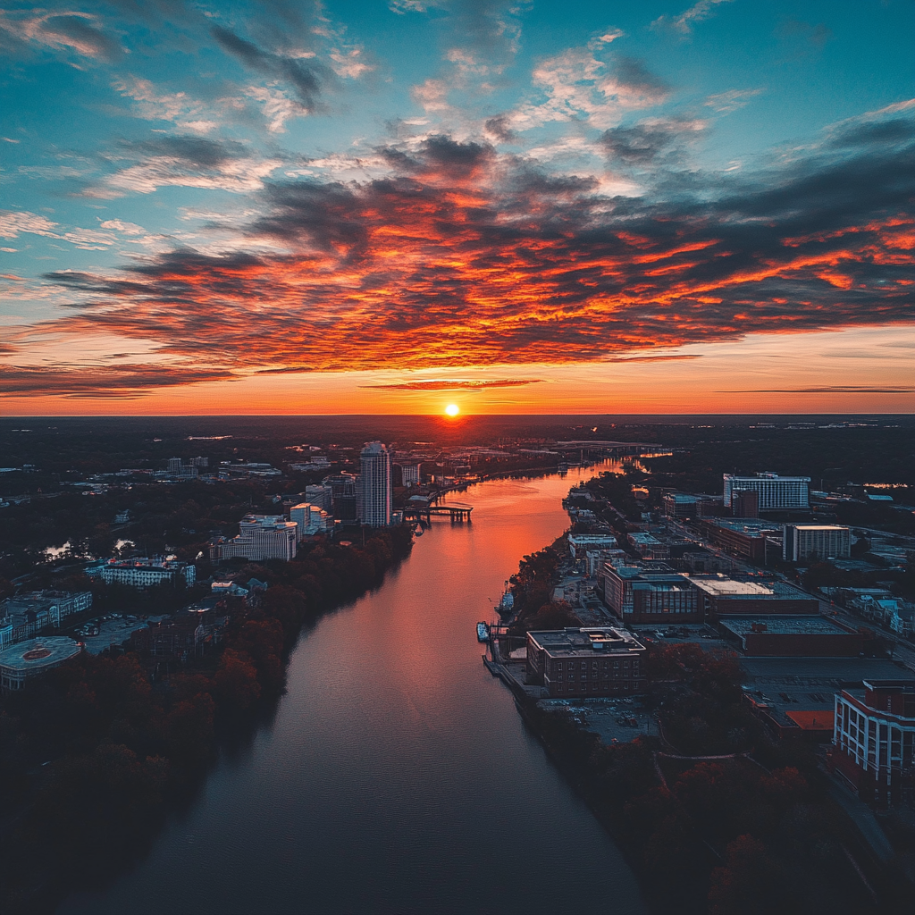 Wilmington skyline during sunset, warm colors, vibrant Instagram photo.
