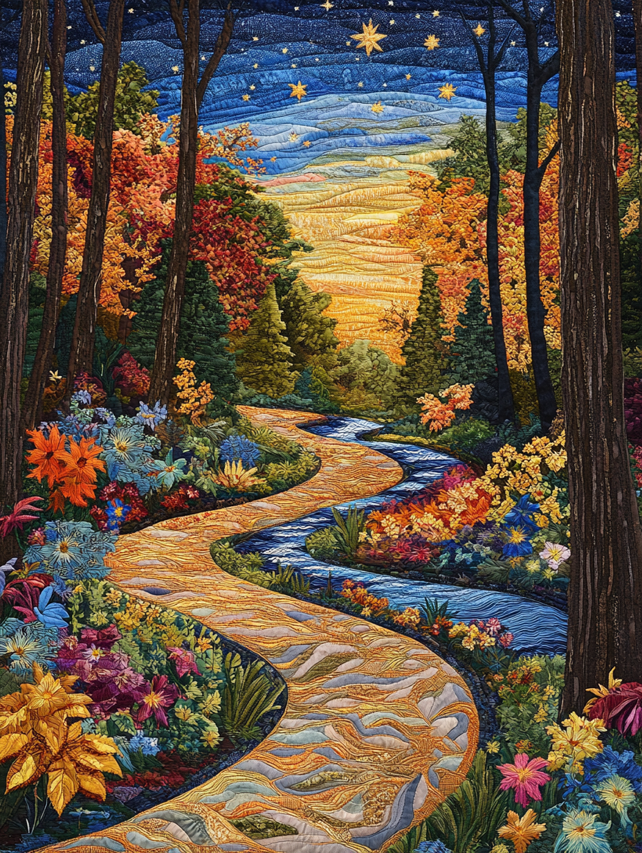 Winding Path through Woods with Stars and Flowers