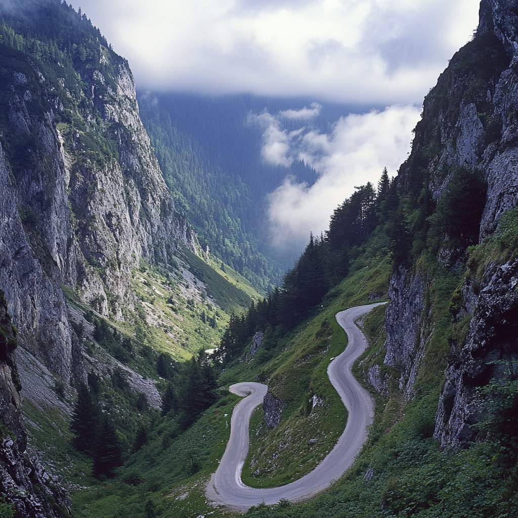 Winding mountain road cutting through steep rocky cliffs.