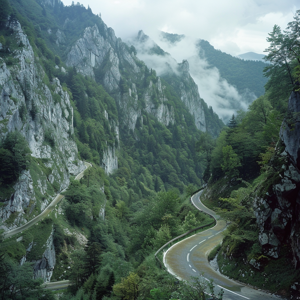 Winding mountain road through Transylvanian cliffs, misty peaks.