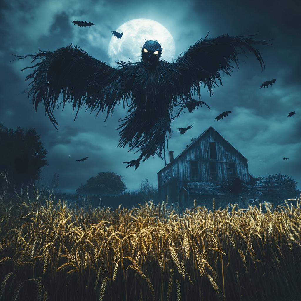 Winged Demon Scarecrow Flies Over Wheat Farm at Night