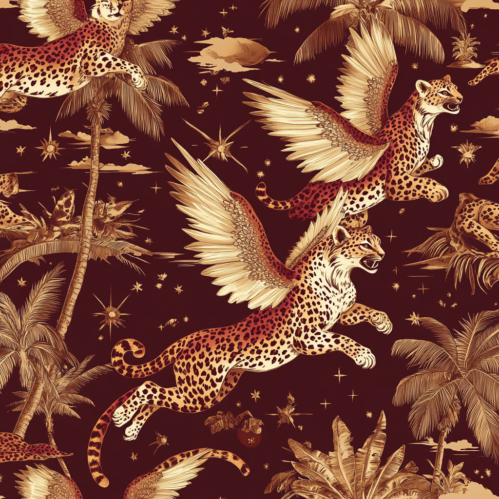 Winged leopards flying in night sky