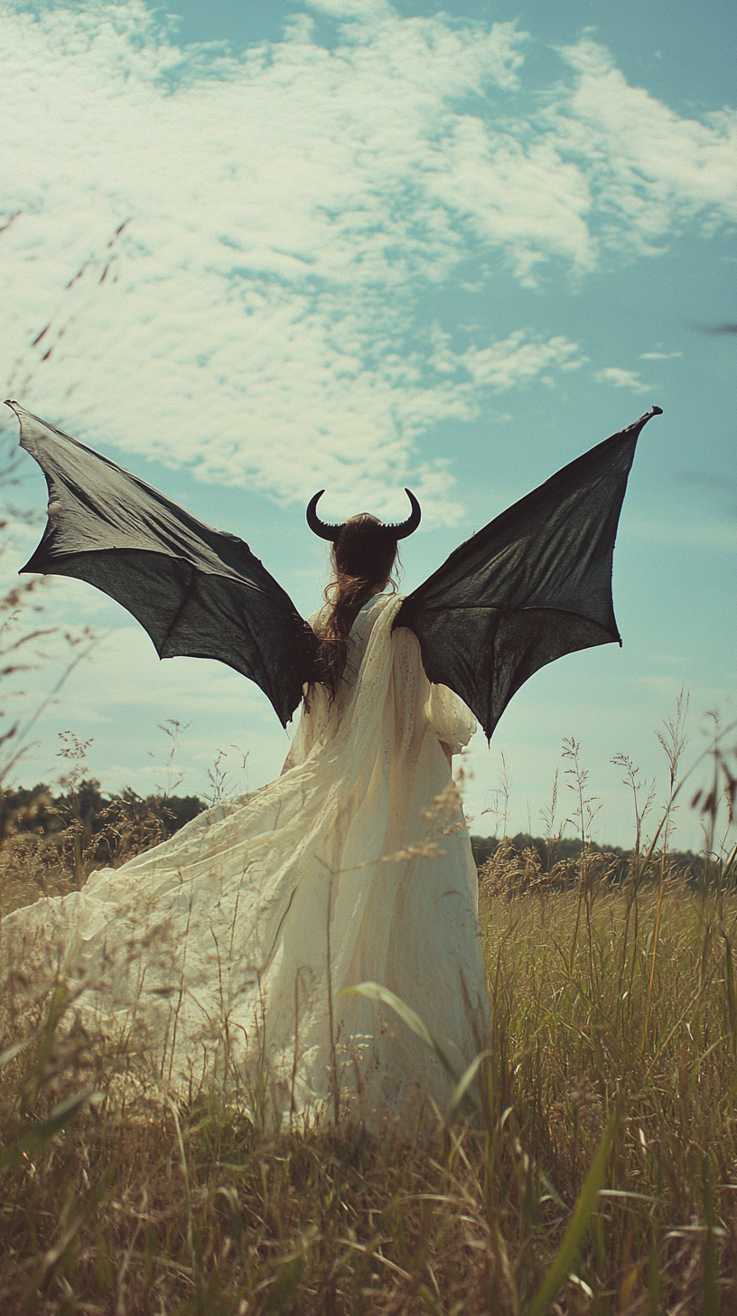 Winged woman with horn in shabby white clothes. Sky.