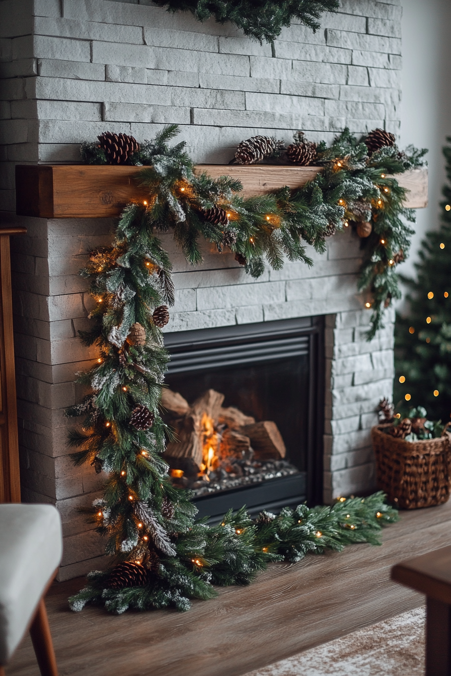 Winter Fireplace Decor with Green Garland and Lights