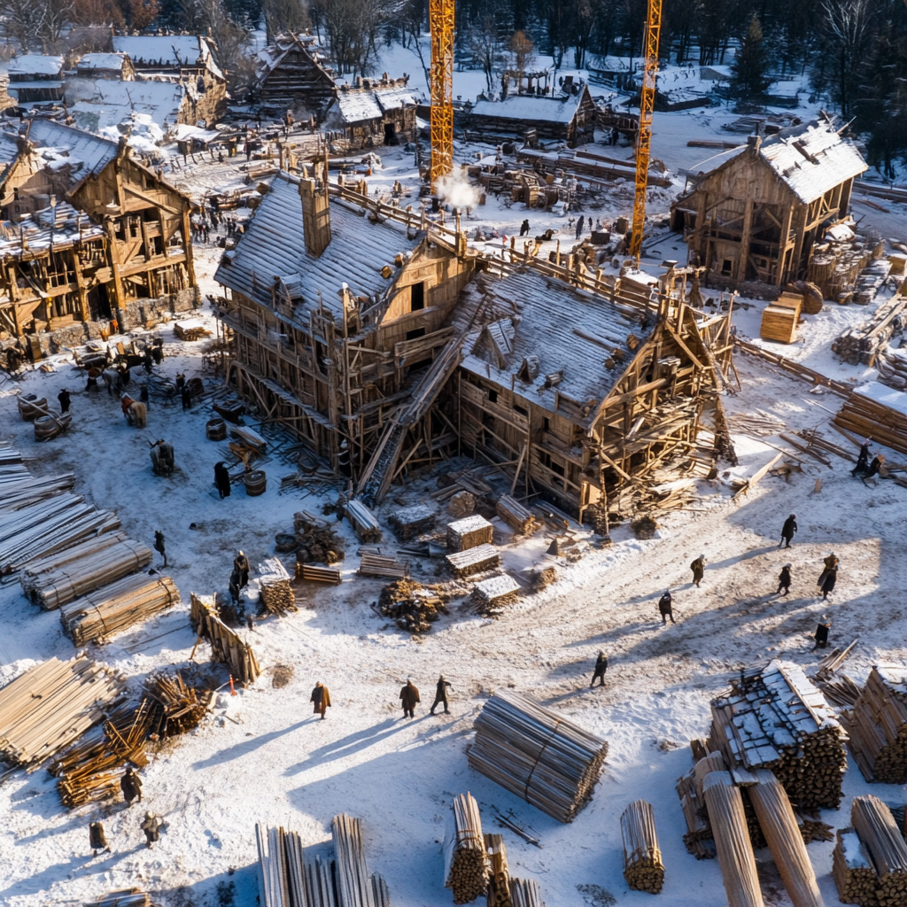 Winter Viking Hall surrounded by construction site