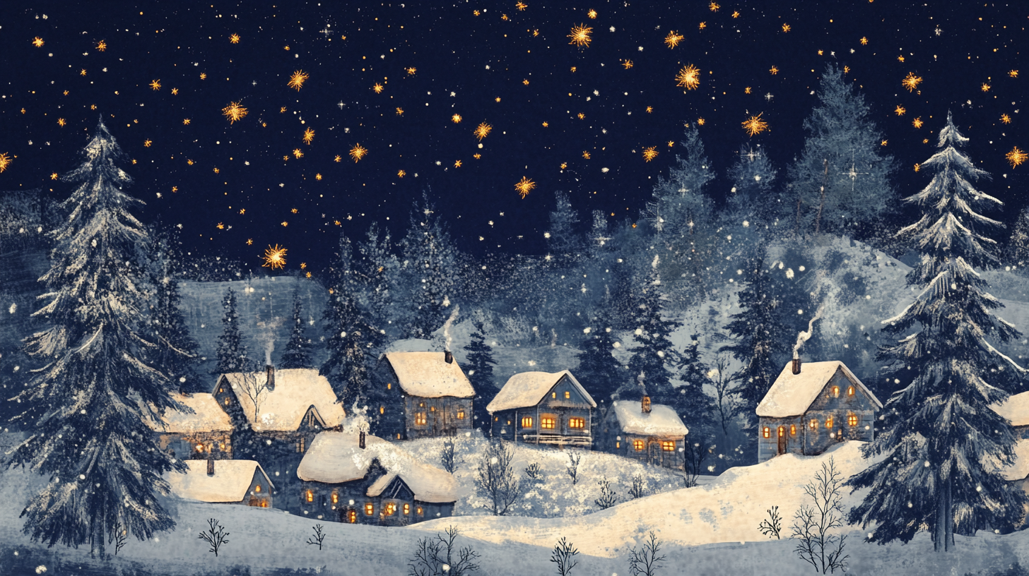 Winter Village with Snowy Pine Trees and Stars