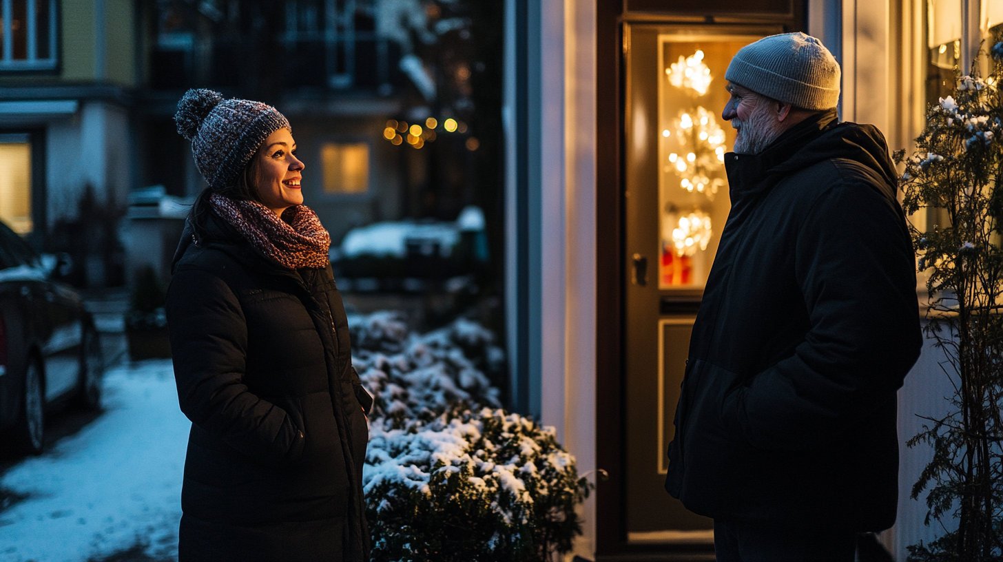 Winter chat: Woman and man discuss sidewalk evening.