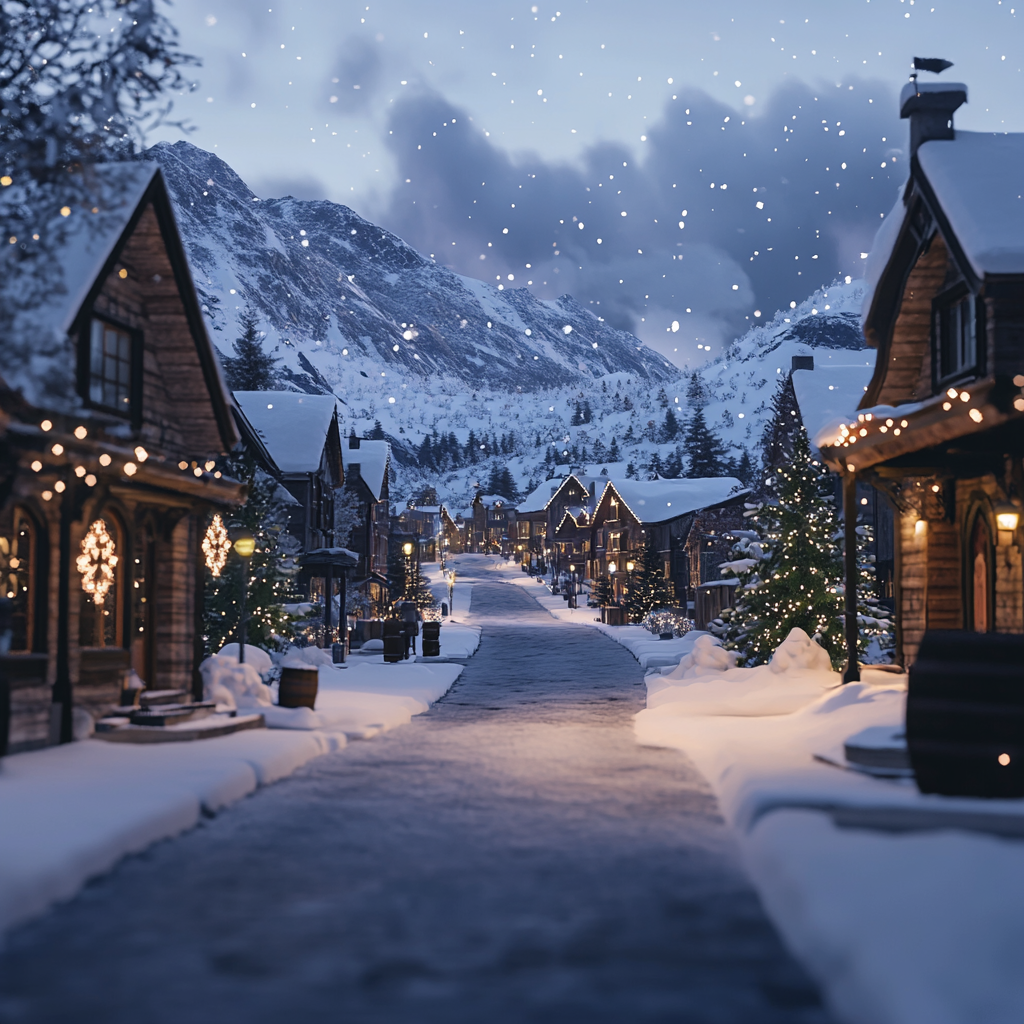 Winter fairy tale village at dusk with snowy streets