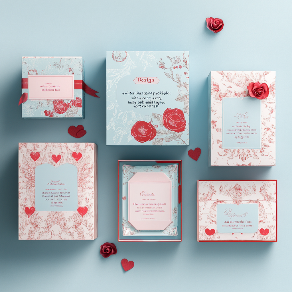 Winter-inspired packaging box: soft pink, blue, red accents